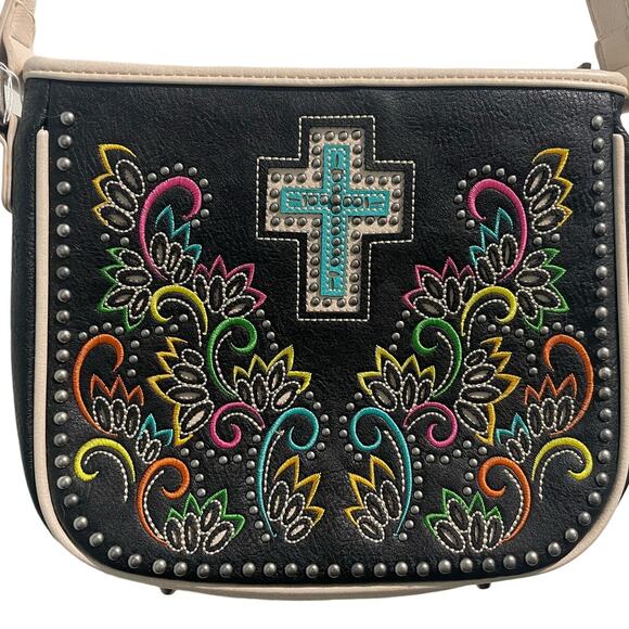 Montana‎ West Colorful Embroidered Studded Shoulder Bag with Cross Design - Picture 1 of 14
